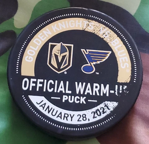 2021 VEGAS GOLDEN KNIGHTS VS ST. LOUIS BLUES OFFICIAL WARM UP PUCK VGK AUTHENTIC Cover