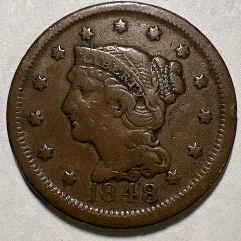 VF 1848 Braided Hair Large Cent - Very Fine -US Type Coin- Coin Shown Ships A4 Cover