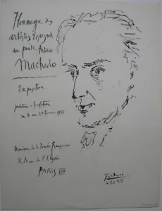 Manifesto Picasso omaggio artista spagnolo ad Antonio Machado offset 1955 firmato - Foto 1 di 5