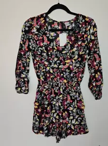 H&M Floral 3/4 Sleeve Boho Playsuit Size 8 Black Multicoloured Festival NEW BNWT - Picture 1 of 18