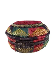 Multicolor Hand Woven Oval Muday Basket with Lid Ethnic Trinket Colorful - Picture 1 of 8
