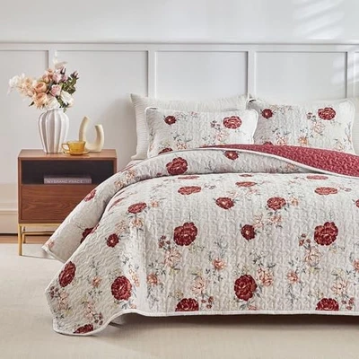 Juego de edredón floral 3 piezas Queen (88"x88", 1 edredón + 2 fundas de almohada) rosa roja Foto 1 de 4