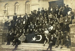 Turkish College Boys Class Photo With Turkey Flag RPPC Early 1900S - Picture 1 of 4