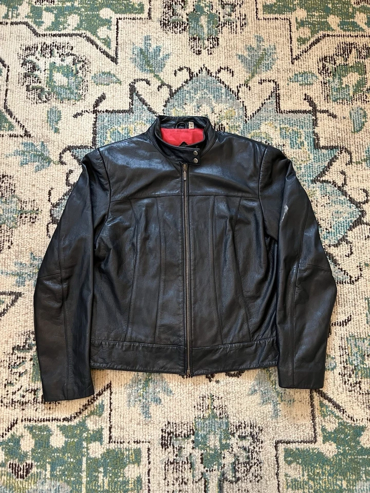 Chaqueta de moto de cuero Preston & York vintage para mujer negra talla mediana de colección Foto 1 de 4