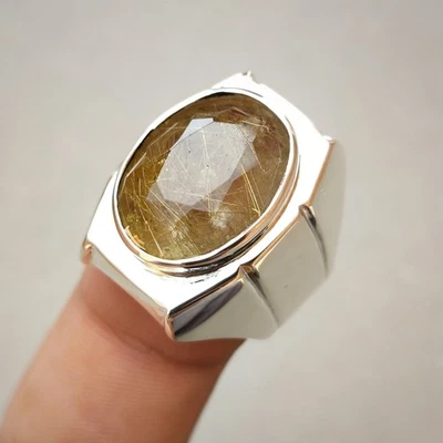 Anillo de cuarzo rutilado hecho a mano de plata esterlina 925 natural Muh e Najaf para hombre Foto 1 de 4