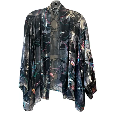 CITRON SANTA MONICA Size 3X Black Silk Origami Pattern Open Sheer Burnout Jacket - Image 1 of 4