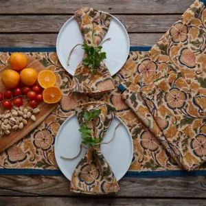 Kalamkaari Beige Floral 72 x 14 Table Runner 20 x 20 Napkin Set - Picture 1 of 4