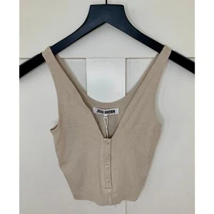 Joah Brown Crop Snap Tank in Khaki Beige Size XS/S Pullover Ribbed Knit Snap - Picture 1 of 5