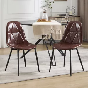 Upholstered Mid-Century Modern Dining Chairs, Faux Leather & Metal Legs,Set of 2 - Picture 1 of 9