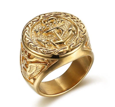18k Gold Plated Titanium Steel Eagle Engraved Men's Cool Design Anchors Ring M62 - Image 1 of 4