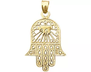 Mano Hamsa in oro 14 carati con ciondolo Chai - Foto 1 di 6