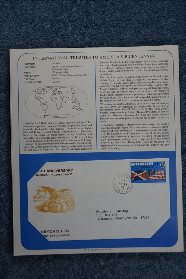 1975 Tributes to America's Bicentennial Souvenir Card - Seychelles - Image 1 of 1
