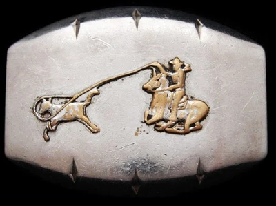 II03124 COOL VINTAGE 1970s JUSTIN BOOT CO. **COWBOY ROPING CALF** NICKEL BUCKLE - Image 1 of 2