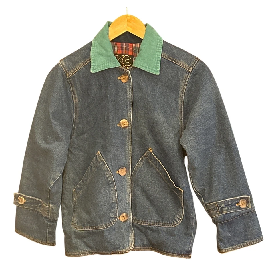 Vintage KC Collection Denim Chore Jacket Corduroy Collar Plaid Lined Preppy - Image 1 of 4