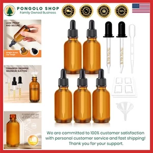 5 Pack Amber Glass Dropper Bottles 1 oz with Extra Dropper for Oils Liquids - Picture 1 of 8