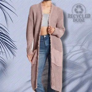 Cárdigan plumero largo frente abierto Free People talla grande suéter tejido flecos rosa - Imagen 1 de 8