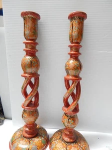 TALL VINTAGE ORNATE LACQUERED WOOD  ETHNOGRAPHIC CANDLE STICKS - Picture 1 of 7