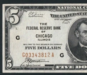 GORGEOUS CHICAGO 1929 $5 NATIONAL CURRENCY NOTE. NO PINHOLES OR TEARS - Picture 1 of 3