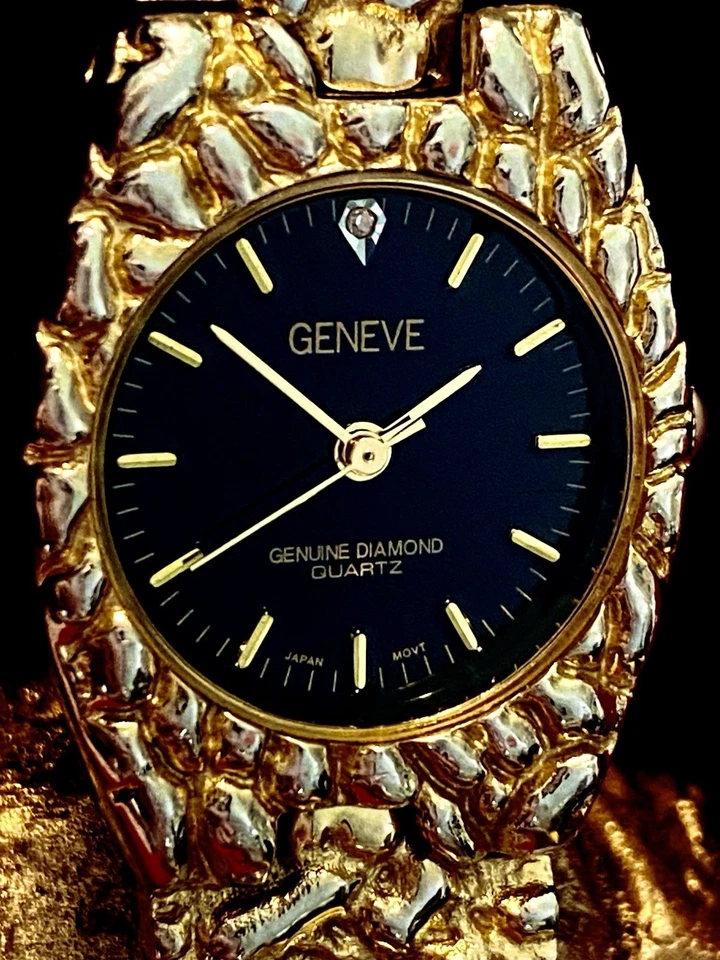 Vintage Geneve Gold Nugget Watch | Genuine Diamond Black Dial Japan, New Battery - Image 1 of 4