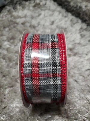 Celebrate It - Wired Ribbon Christmas Plaid Red and Grey  1.5" x 30'  - Image 1 of 3
