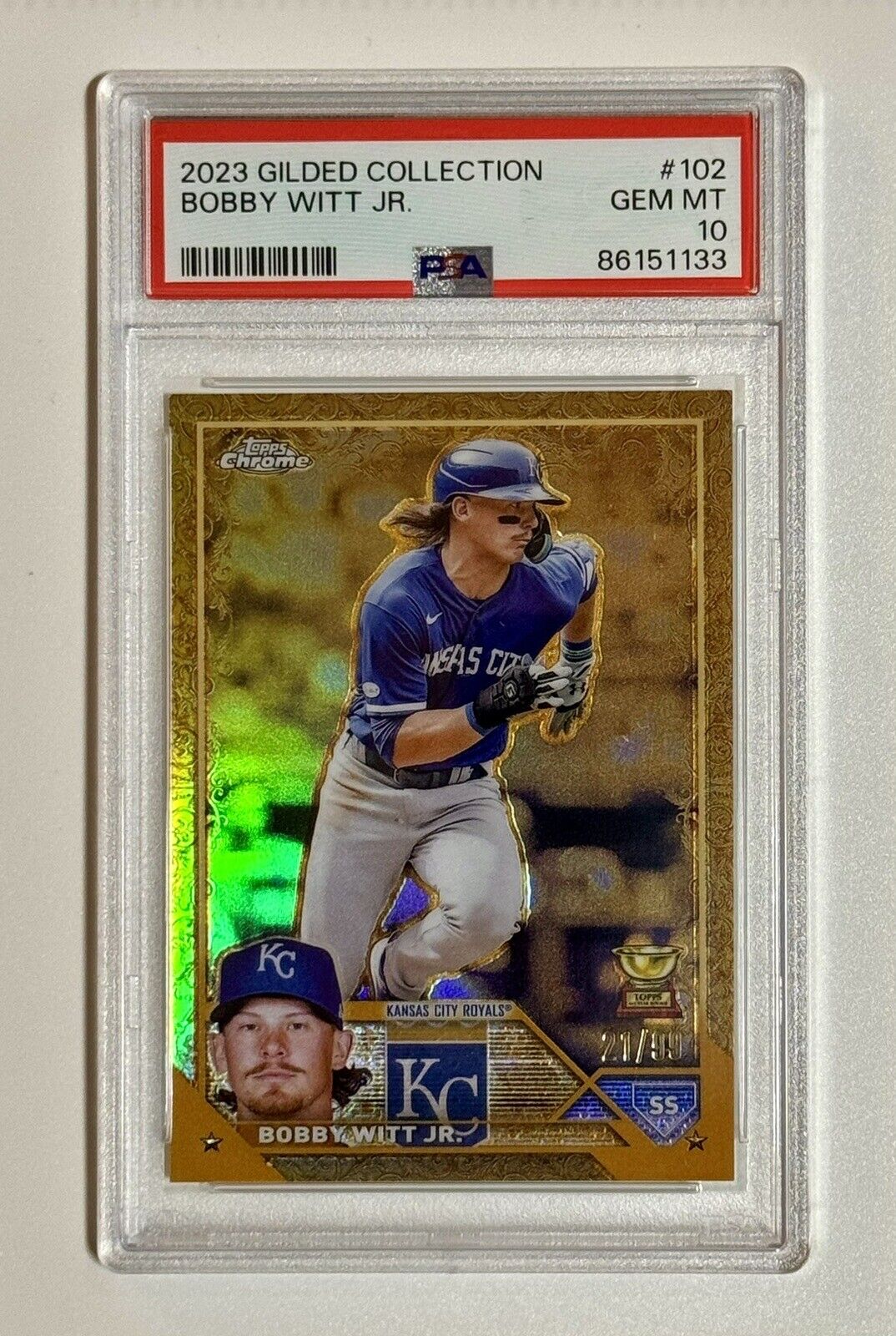 BOBBY WITT JR 2023 Topps Chrome Gilded Collection Refractor RC /99 #102 PSA 10