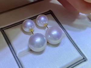 Riesiger AAAA 10-11 mm runder natürlicher weißer Akoya-Perlenohrring 18 K Gelbgold - Bild 1 von 4