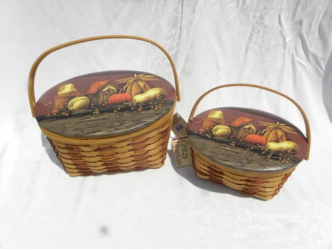 2 Matching Crazy Mountain Woven Wicker Baskets, Diane Arthurs Fall Scene Lid NWT Cover
