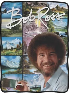 Nuevo Bob Ross La Alegría de Pintar Lanza Regalo Manta Collage SUAVE Arte de Pared - Imagen 1 de 2