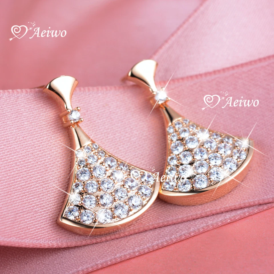18k rose gold crystal GINKGO LEAF stud dangle fan shaped earrings Foto 1 de 2