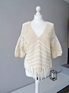 ZARA BEIGE ECRU FRINGED KNIT PONCHO SIZE M - Picture 1 of 16