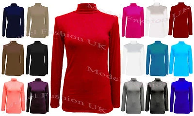 POLO NECK TOP STRETCH LADIES ROLL NECK LONG SLEEVE TURTLE NECK TOP 8-22 - Image 1 of 2