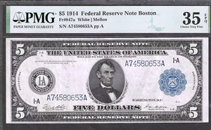 1914 $5 BOSTON FEDERAL RESERVE NOTE FR 847 SUPERB PMG CHOICE VERY FINE 35 EPQ - Picture 1 of 2