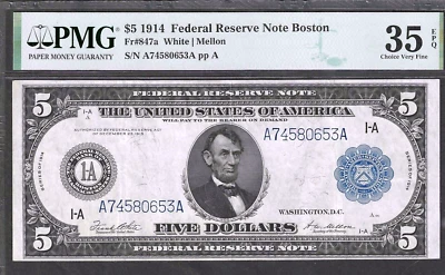 1914 $5 BOSTON FEDERAL RESERVE NOTE FR 847 SUPERB PMG CHOICE VERY FINE 35 EPQ - Image 1 of 2