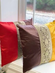 Silk Pillow Cover Cushion Cover Brocade Border 16 X 16 Inch Pillow Boho Decor - Picture 1 of 17