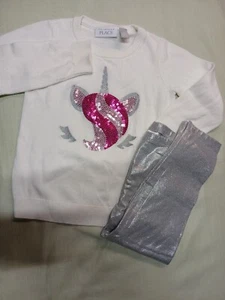 The Childrens Place White Sweater Sequi. Unicorn Size 4t With Silver Pants - Picture 1 of 7