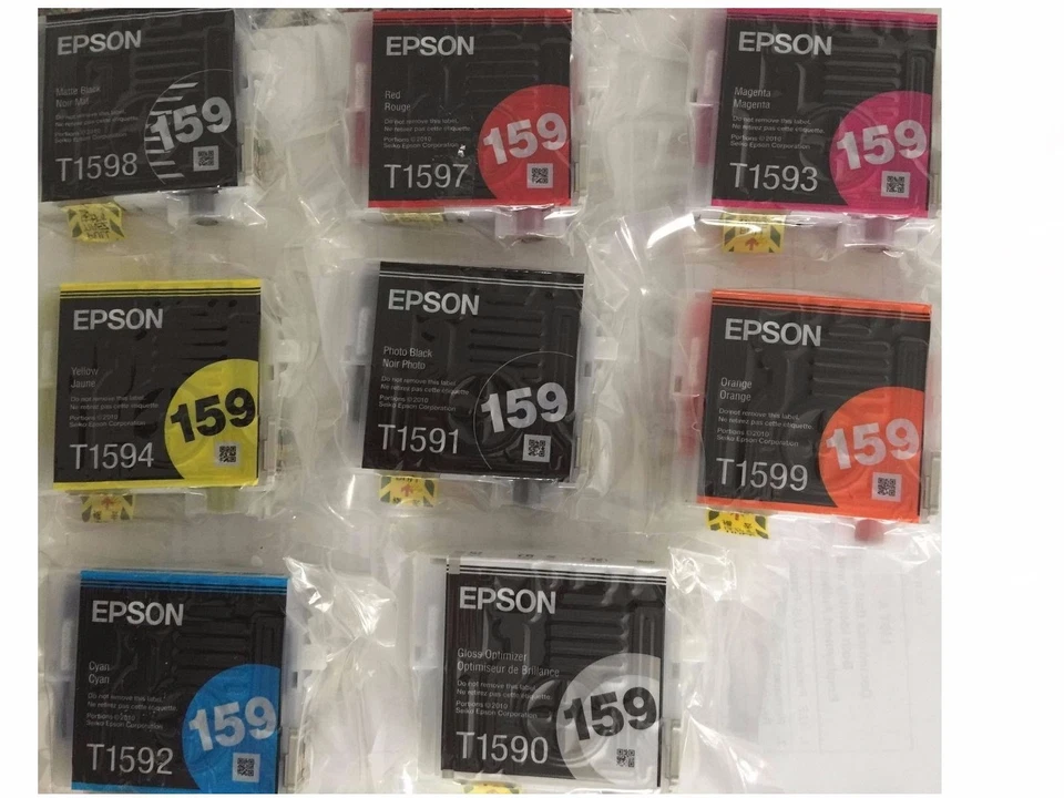 8 Genuine Epson R2000 T159 ink set 159 black cyan magenta yellow red orange - Image 1 of 1