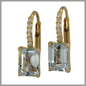 18k Yellow GOLD Natural AQUAMARINE and DIAMOND Dangle Leverback Earrings Womens - Picture 1 of 9