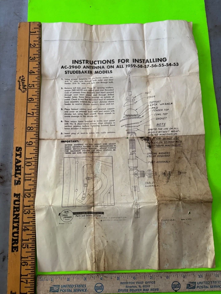 Studebaker radio antenna installation instructions.  Item:  27821 - Image 1 of 1
