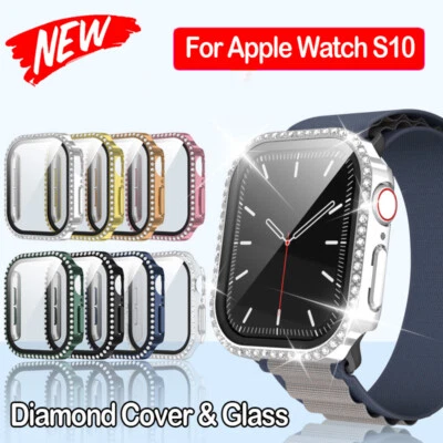 MARKENLOS Glitzersteine Schutzhülle für Apple Watch 10 Series 42/46mm Cover Case Hartglas