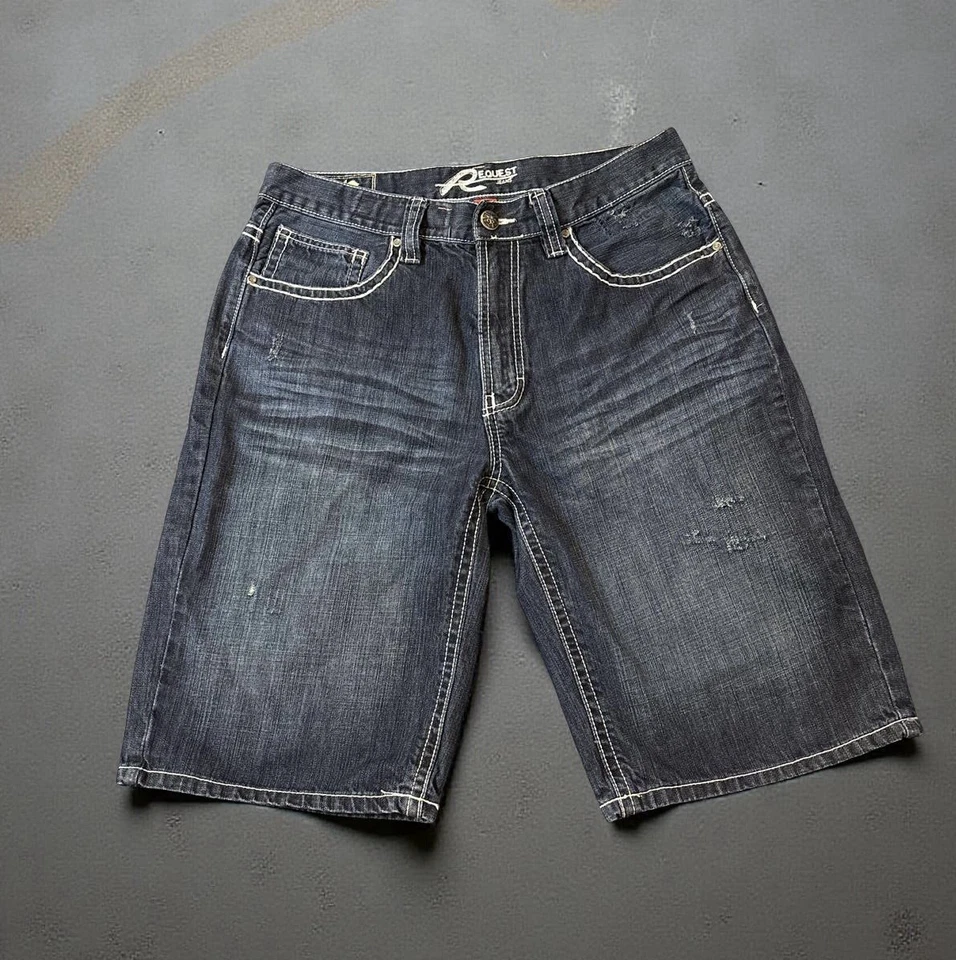 Pantalones cortos de mezclilla Request Jeans talla 34 para hombre 12” entrepierna Y2K Foto 1 de 4