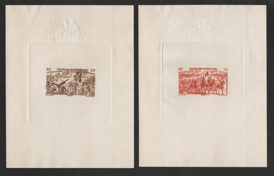 FRANCE DE L'OCEANIE POLYNESIA 1946 SIX LARGE SUNKEN DIE PROOFS W/ EMBOSSED SEALS - Image 1 of 3
