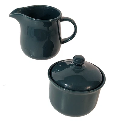 Dark Green Ceramic Milk and Sugar Set Creamer Coffee Tea, Contemporary Barista - Image 1 of 4