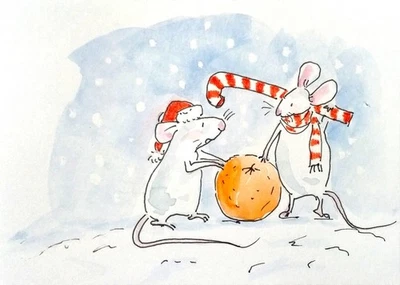 ACEO Original watercolor ink Painting Art MOUSE ,Christmas miniature art, signed - image 1 of 4