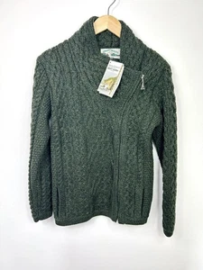 Aran Crafts Army Green 100% Merino Wool Aran Side Zip Up Cardigan Small BNWT - Picture 1 of 11