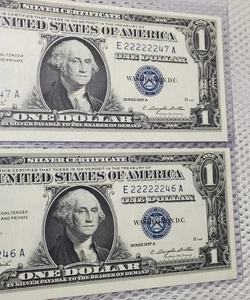 1957 $1 Fancy Serial Numbers Near Solid 6 In A Row 22222246/47 Rare Consecutive  - Picture 1 of 8