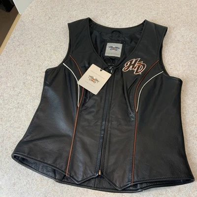 Harley Davidson Black Leather Wings Logo Women’s S Vest Jacket NWT - Image 1 of 4
