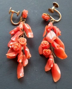 ANTIQUE CARVED NATURAL CORAL ROSE FLOWER & LEAF DROP EARRINGS - Picture 1 of 8