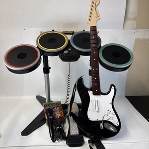 Rock Band 4 Xbox One Bundle Drums Fender Guitar Mic Game Band In A Box Tested - Picture 1 of 17