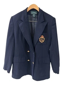 Lauren by Ralph Lauren Vintage Wool Bullion Crest Patch Blazer Jacket Blue Sz 10 - Picture 1 of 14