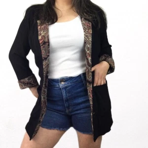 Vintage Carole Little 70s 80s black boyfriend blazer womens Large paisley trim - Picture 1 of 12